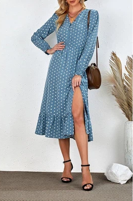 Polka Dot High Slit Ruffled Midi Dress